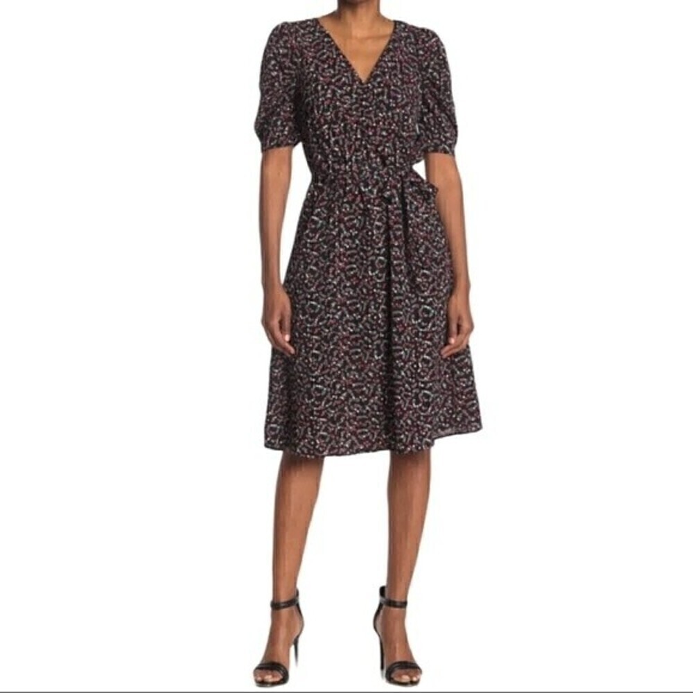New! Max+Ash Nordstrom Floral Wrap Puff Sleeve Tie Belt Party Midi Dress